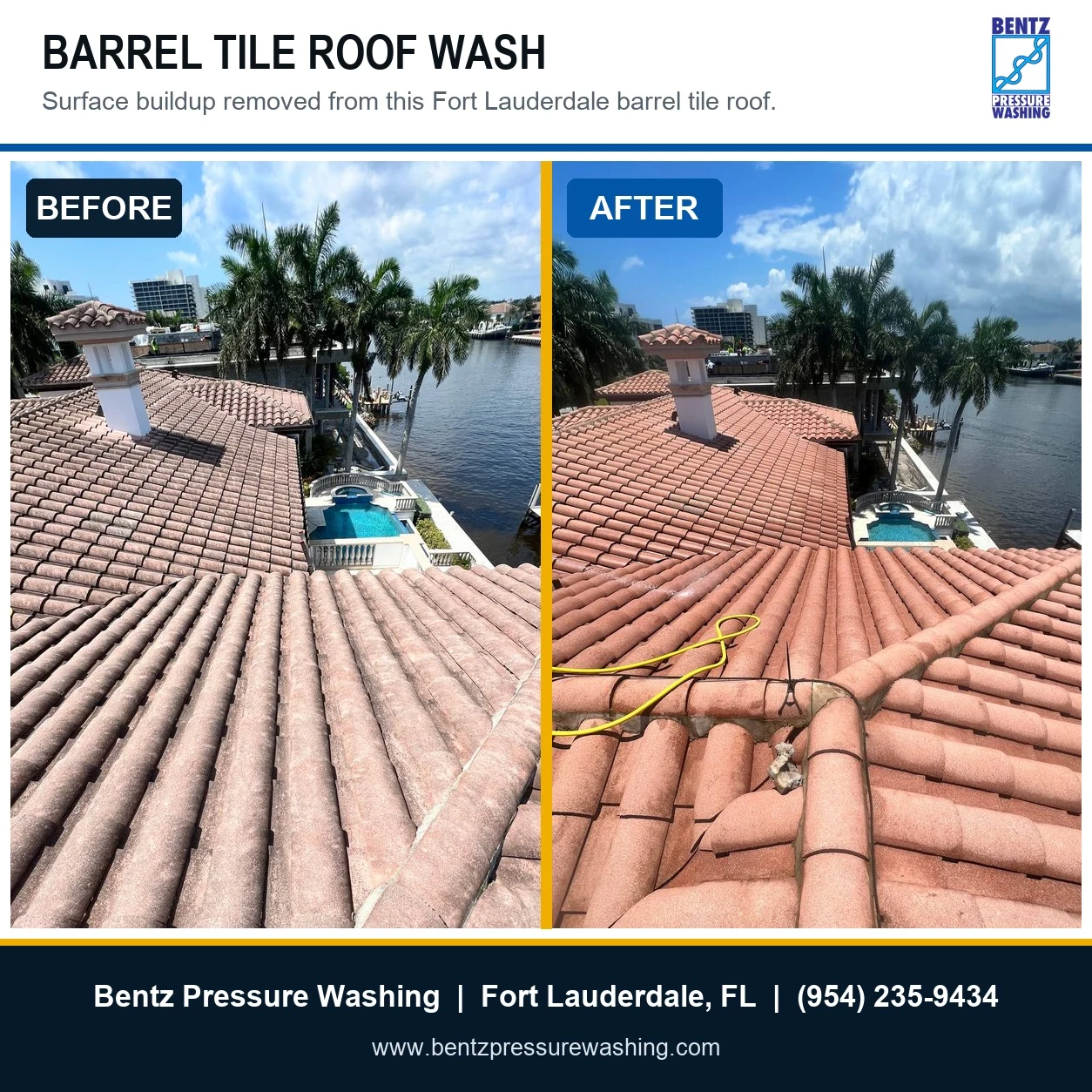 Fort Lauderdale barrel tile roof before and after roof washing by Bentz Pressure Washing